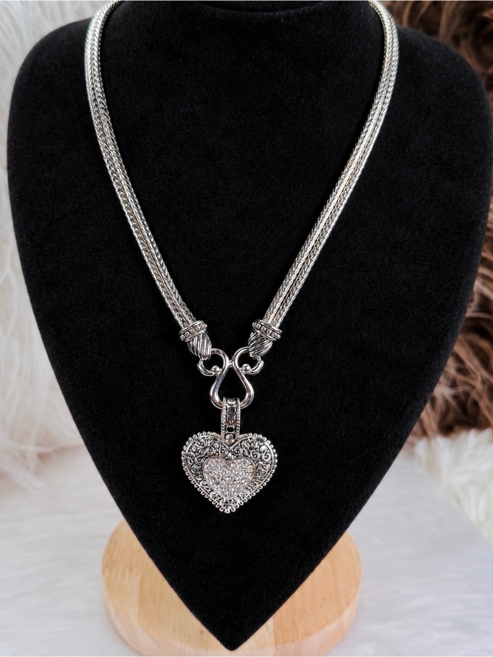 Ornate Heart Pendant Statement Necklace Silver Tone Multi Strand Chain